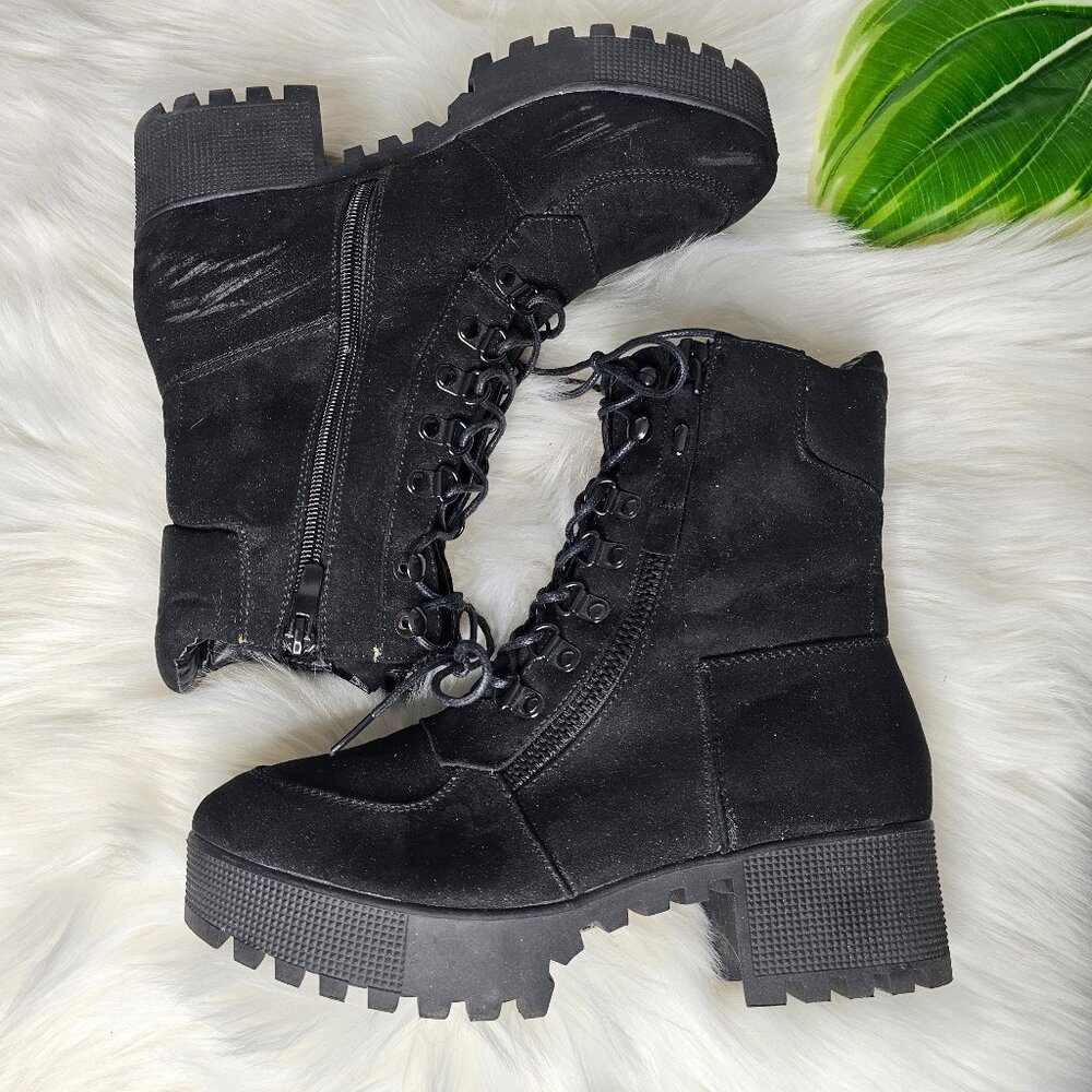 Truffle Collection Micro Suede Moto Boot Lace Up Zip Black Chunky Combat Size 39